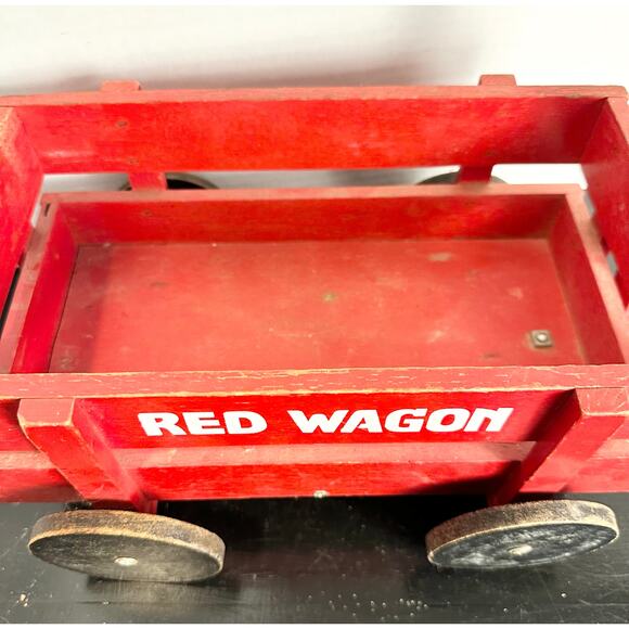 Antique Wooden Wagon Childrens Pull Toy, RED WAGON About 14"x11" Baby Decor - Picture 8 of 10